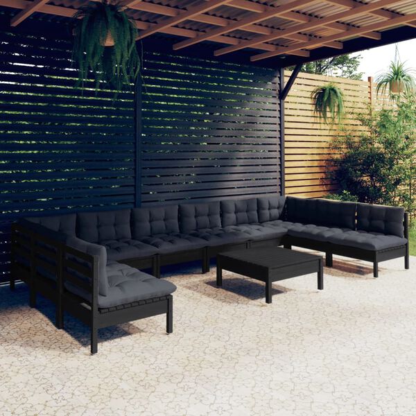 vidaXL 11 pcs conjunto lounge jardim c/ almofad&otilde;es pinho maci&ccedil;o preto