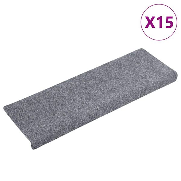 vidaXL Tapetes de escada autoadesivos 15 peças 65x21x4 cm cinza claro com borda retangular