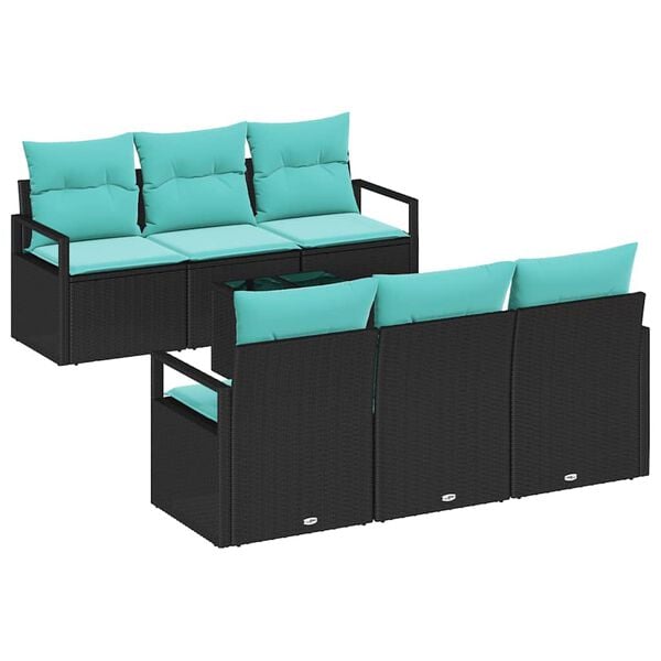 vidaXL Conjunto de Sof&aacute;s com almofada 7 pcs Preto e Turquesa vime PE