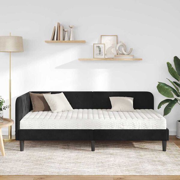 vidaXL Estrutura de Cama de Canto com colch&atilde;o Preto 90 x 190 cm Veludo