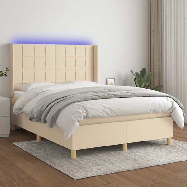 vidaXL Cama box spring c/ colch&atilde;o e LED 140x190 cm tecido cor creme