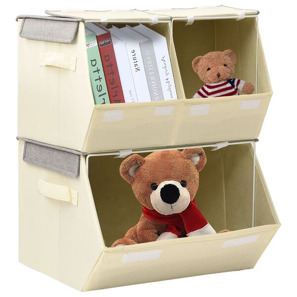 vidaXL Conjunto caixas arruma&ccedil;&atilde;o empilh&aacute;veis 3 pcs tecido cinza/creme