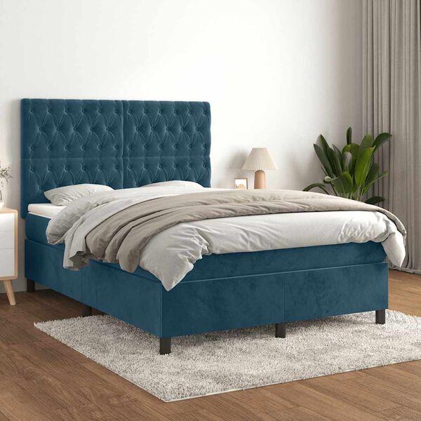 vidaXL Cama com molas/colch&atilde;o 140x200 cm veludo azul-escuro