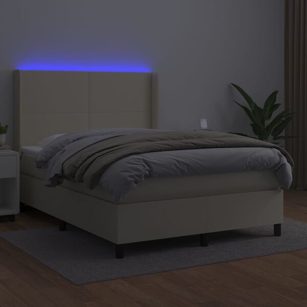 vidaXL Cama box spring c/ colch&atilde;o/LED 140x190cm couro artificial creme