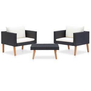 vidaXL 3 pcs conjunto lounge para jardim c/ almofad&otilde;es vime PE preto