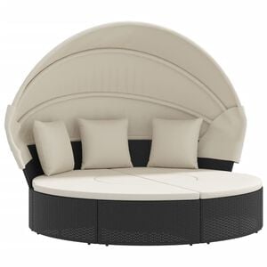 vidaXL Cama lounge de exterior c/ toldo e almofad&otilde;es vime PE preto