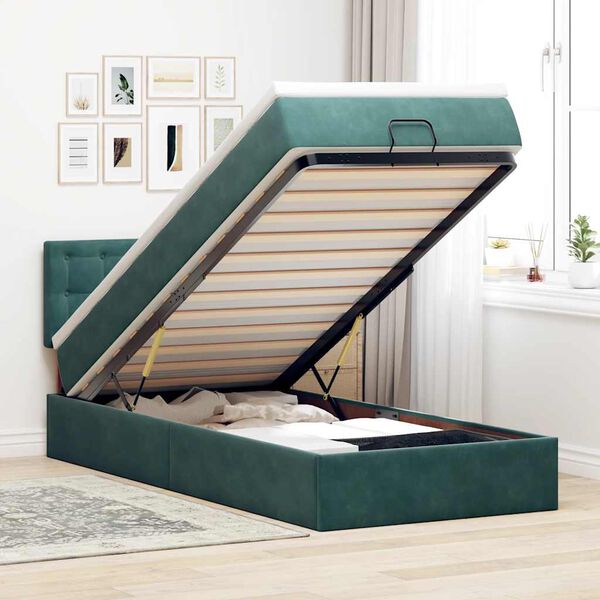 vidaXL Cama otomana com colch&atilde;o & LEDs 90x200cm veludo verde-escuro
