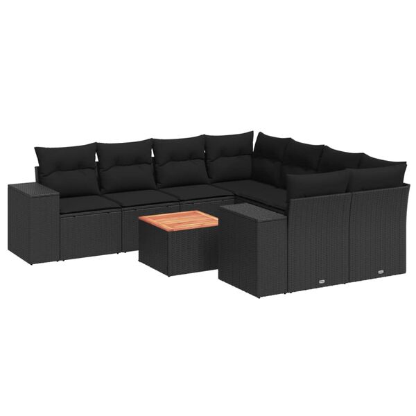 vidaXL 9 pcs conjunto de sof&aacute;s p/ jardim c/ almofad&otilde;es vime PE preto