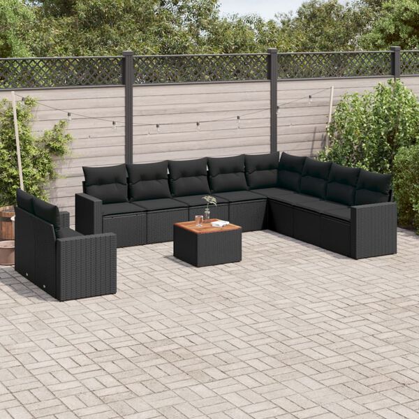 vidaXL 11 pcs conjunto sof&aacute;s de jardim c/ almofad&otilde;es vime PE preto