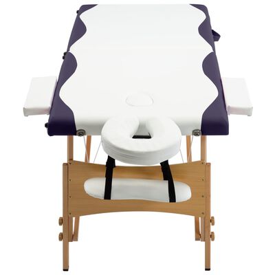 vidaXL Mesa de massagens dobrável 2 zonas madeira branco e roxo