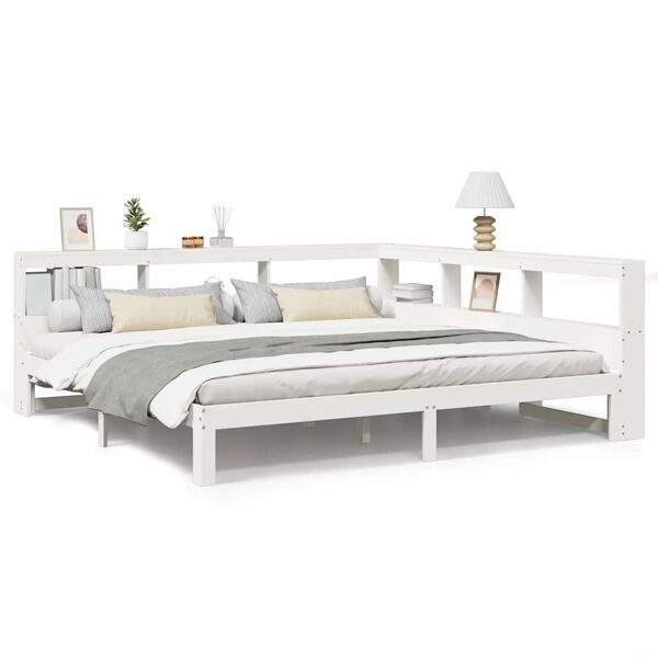 vidaXL Cama com estante sem colch&atilde;o 200x200 cm pinho maci&ccedil;o branco