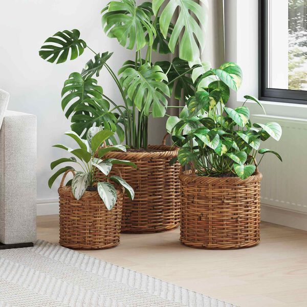 vidaXL Cesta de Plantas com armazenamento 3 pcs Castanho Rattan Kubu