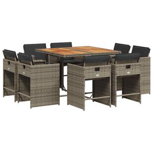 vidaXL 9 pcs conjunto de jantar p/ jardim c/ almofad&otilde;es vime PE cinza