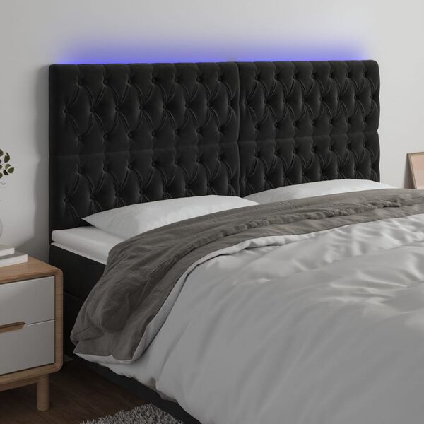 vidaXL Cabeceira de cama c/ luzes LED veludo 200x7x118/128 cm preto