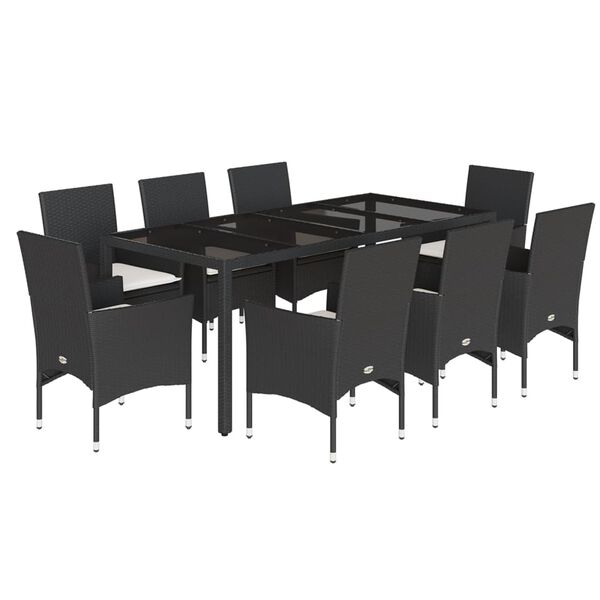 vidaXL 9 pcs conjunto jantar jardim c/ almofad&otilde;es vime PE/vidro preto