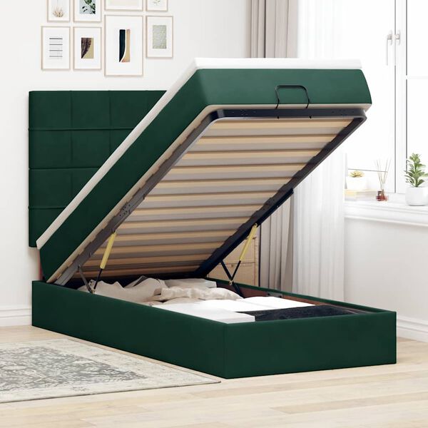 vidaXL Estrutura cama otomana colch&otilde;es 90x190cm veludo verde escuro