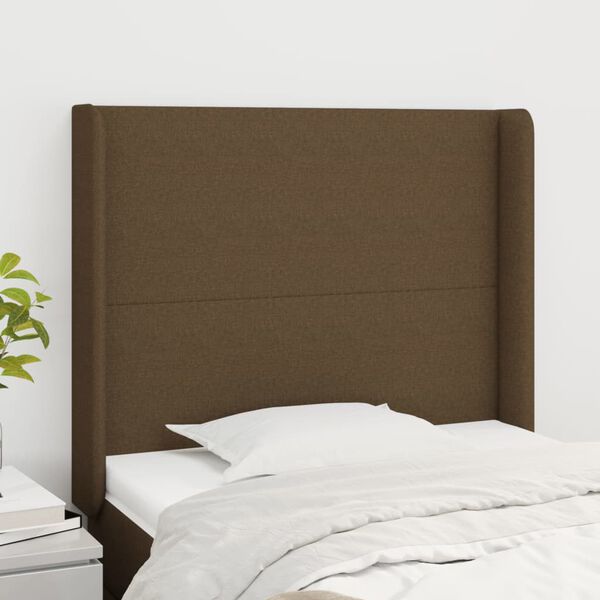 vidaXL Cabeceira cama c/ abas tecido 103x16x118/128 cm castanho-escuro