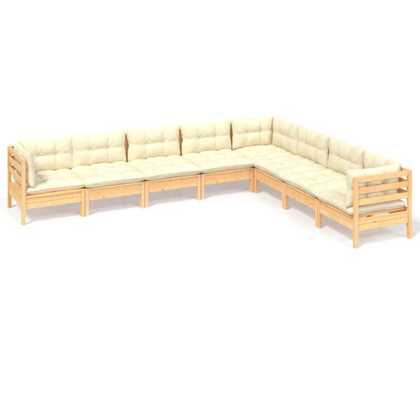 vidaXL 8 pcs conjunto lounge jardim c/ almofad&otilde;es creme pinho maci&ccedil;o
