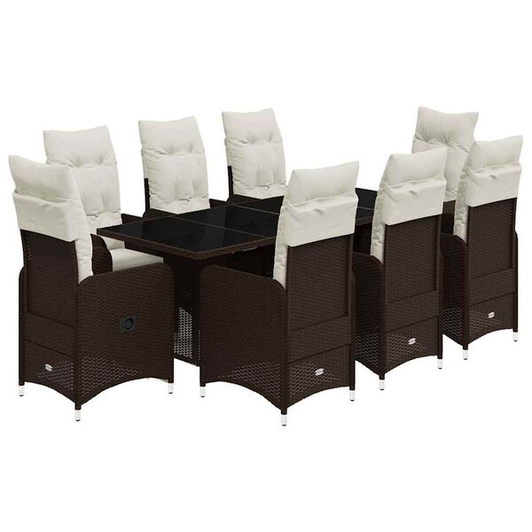 vidaXL 9 pcs conjunto bistr&ocirc; de jardim c/ almofad&otilde;es vime PE castanho