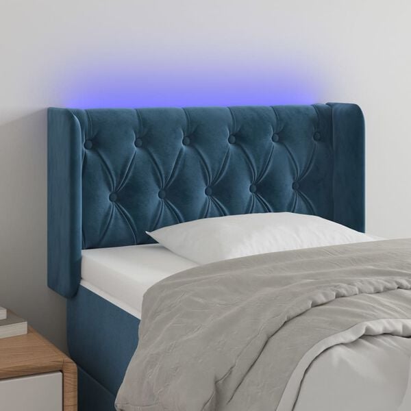 vidaXL Cabeceira de cama c/ luzes LED veludo 83x16x78/88cm azul-escuro