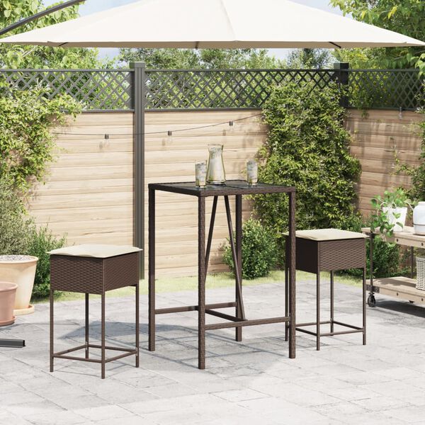 vidaXL 3 pcs conjunto de bar p/ jardim com almofad&otilde;es vime PE castanho