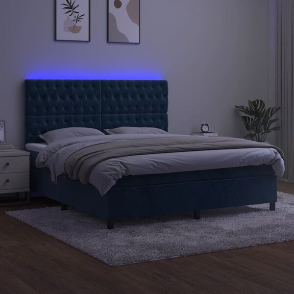 vidaXL Cama box spring c/ colch&atilde;o/LED 160x200 cm veludo azul-escuro