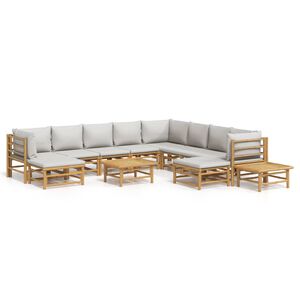 vidaXL 12pcs conj. lounge de jardim bambu c/ almofad&otilde;es cinzento-claro