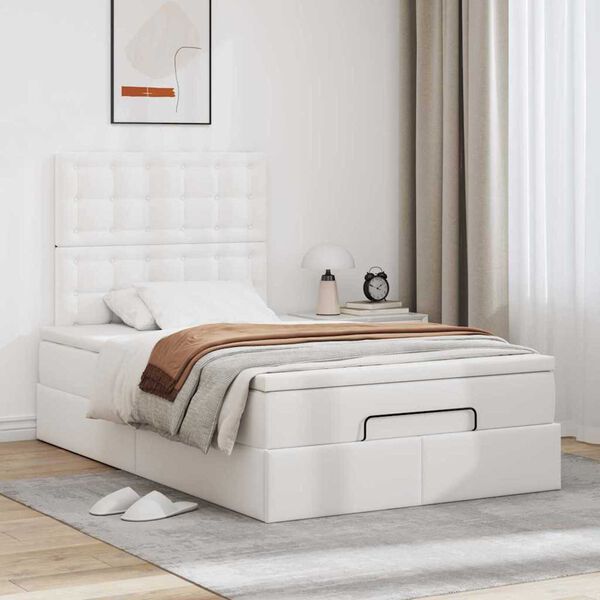 vidaXL Estrutura de cama otomana com colch&atilde;o branco Couro falso
