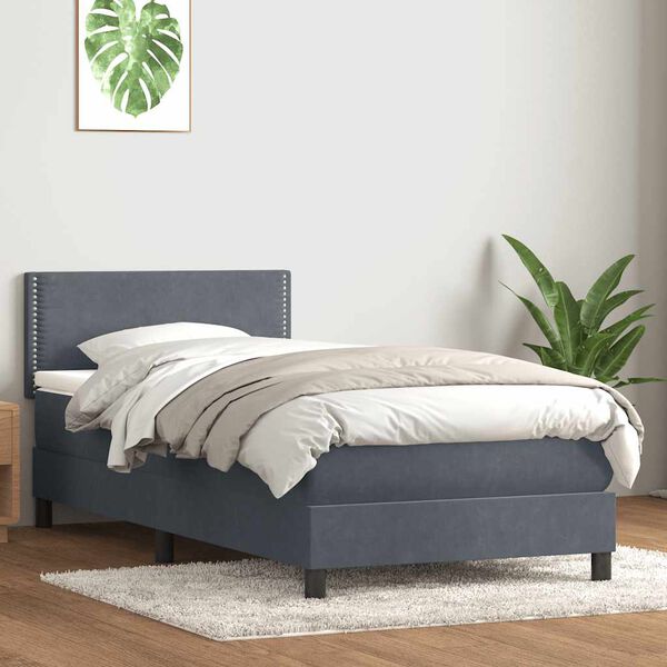 vidaXL Cama com molas/colch&atilde;o 90x220 cm veludo cinzento-escuro