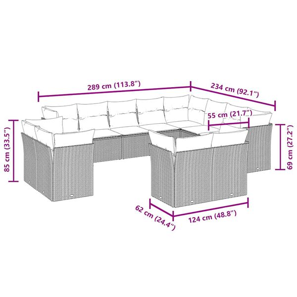 vidaXL 12 pcs conjunto de sof&aacute;s jardim com almofad&otilde;es vime PE castanho