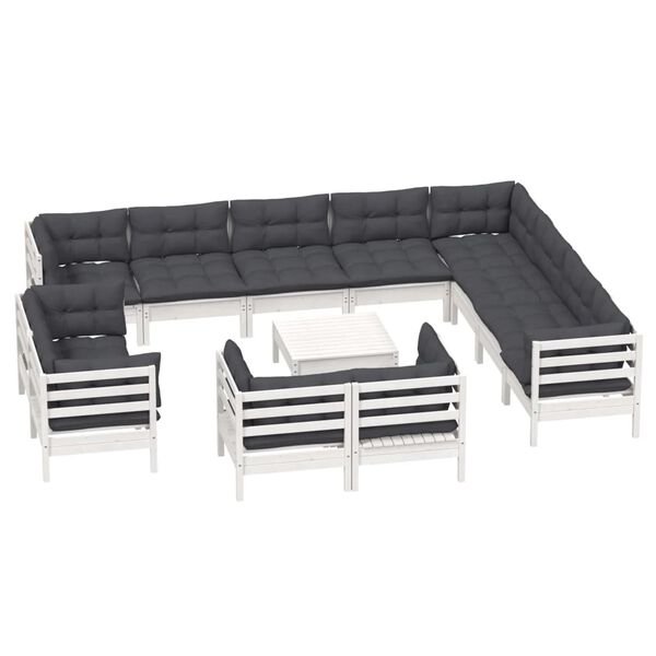 vidaXL 13 pcs conj. lounge de jardim c/ almofadões pinho maciço branco