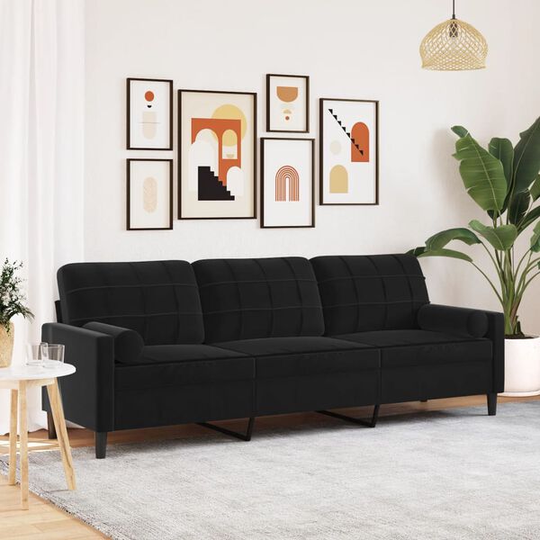 vidaXL Sofá 3 lugares c/ almofadas decorativas 210 cm veludo preto