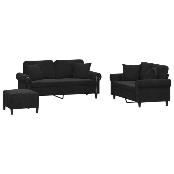 vidaXL 3 pcs conjunto de sofás com almofadas veludo preto