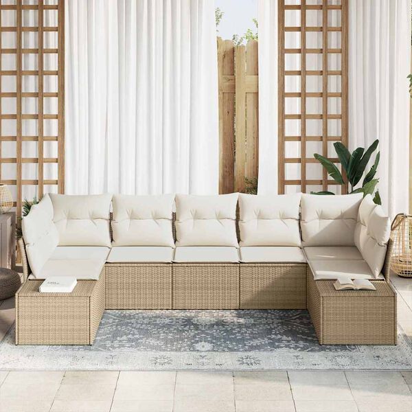 vidaXL Conjunto de Sof&aacute; de Jardim 7 pcs Bege e Creme Rattan Sint&eacute;tico