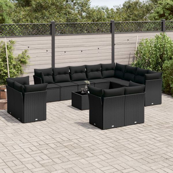 vidaXL 13 pcs conjunto de sof&aacute;s de jardim com almofad&otilde;es vime PE preto