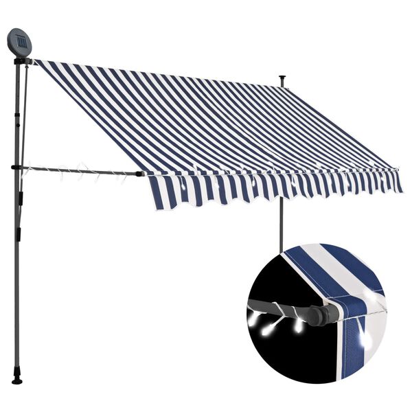 vidaXL Toldo retr&aacute;til manual com LED 250 cm azul e branco
