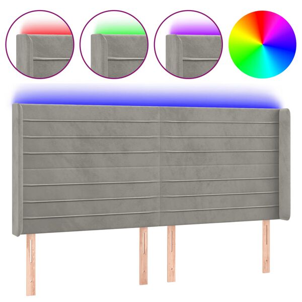 vidaXL Cabeceira cama c/ luzes LED veludo 163x16x118/128cm cinza-claro