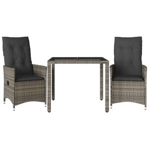 vidaXL 3 pcs conjunto bistr&ocirc; com almofad&otilde;es vime PE cinza