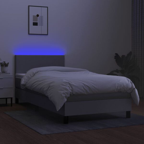 vidaXL Cama box spring c/ colch&atilde;o e LED 90x200 cm tecido cinza-claro