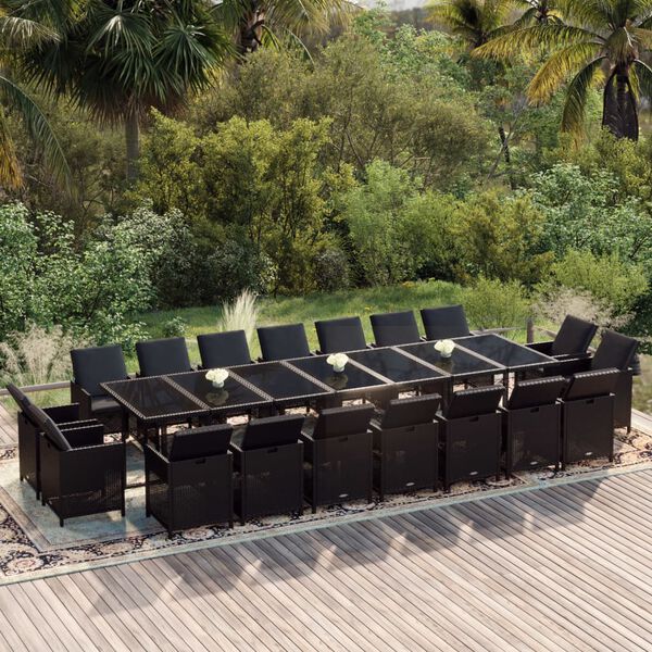 vidaXL 19 pcs conjunto jantar p/ jardim c/ almofad&otilde;es vime PE preto