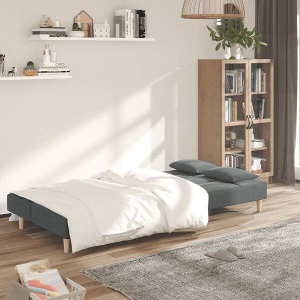 vidaXL Sof&aacute;-cama 2 lugares com duas almofadas tecido cinzento-escuro