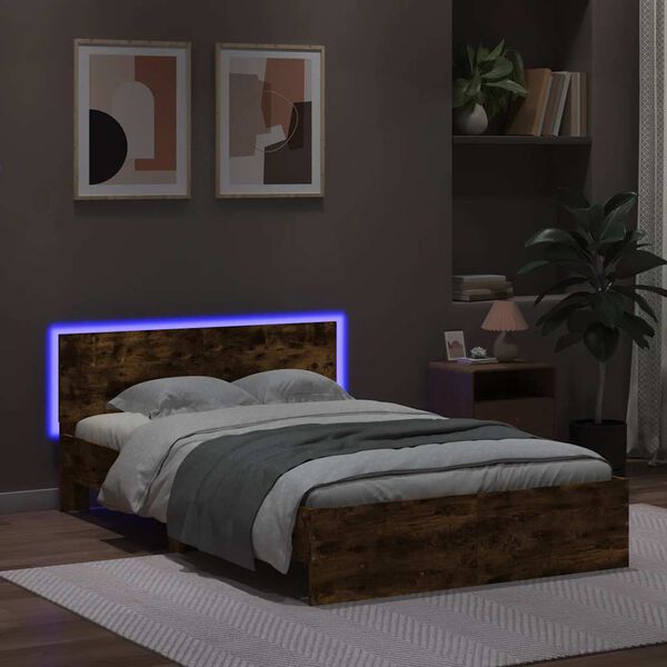 vidaXL Estrutura cama c/ cabeceira/luzes LED 140x190cm carvalho fumado