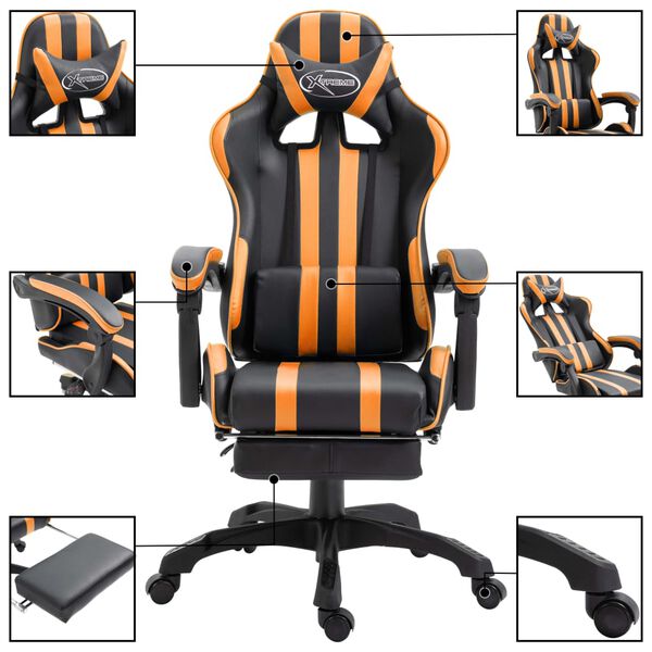 vidaXL Cadeira de gaming c/ apoio p&eacute;s couro artificial laranja
