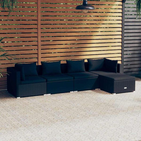 vidaXL 5 pcs conjunto lounge de jardim c/ almofadões vime PE preto
