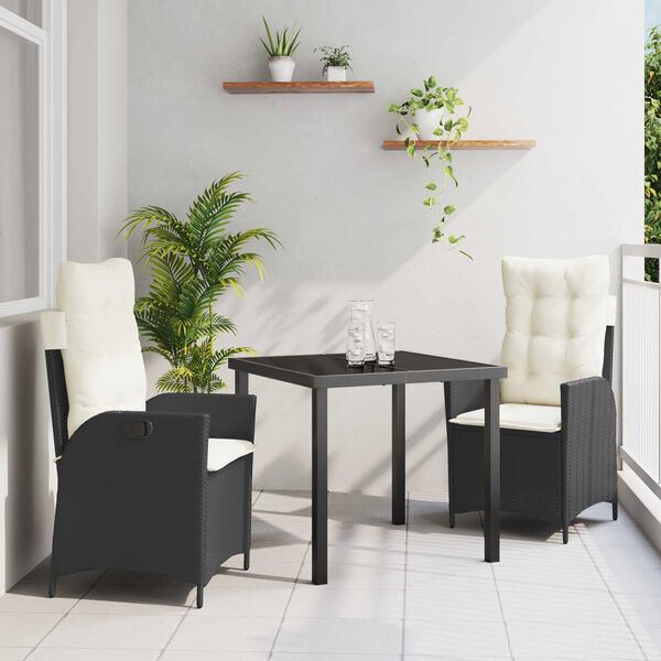 vidaXL Conjunto de Jantar para Jardim com almofada 3 pcs Preto vime PE