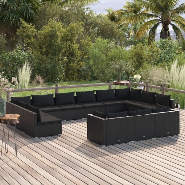 vidaXL 13 pcs conjunto lounge de jardim c/ almofad&otilde;es vime PE preto