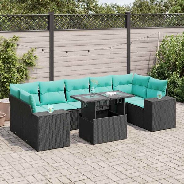 vidaXL 8 pcs conjunto sof&aacute;s jardim com almofad&otilde;es vime PE/ac&aacute;cia preto
