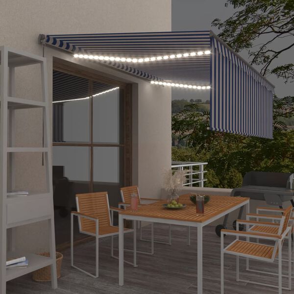 vidaXL Toldo retr&aacute;til manual com estore/LED 4x3 m azul e branco