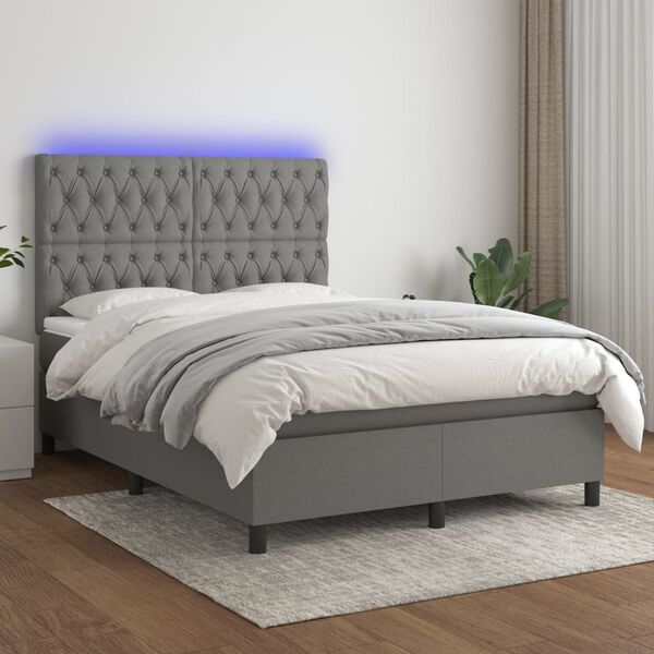 vidaXL Cama box spring c/ colch&atilde;o e LED 140x200 cm tecido cinza-escuro