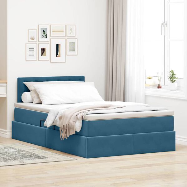 vidaXL Cama com Armazenamento com colch&atilde;o Azul 120 x 190 cm Veludo